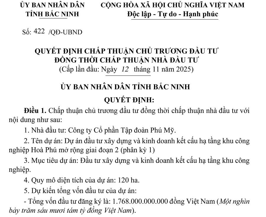 Bắc Ninh Chấp Thuận Chủ Trương Đầu Tư KCN Của Phú Mỹ Hưng
