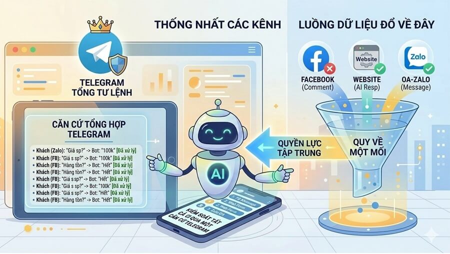 Quản trị tập trung các kênh từ facebook, Website hay Zalo đều qua bot telegram