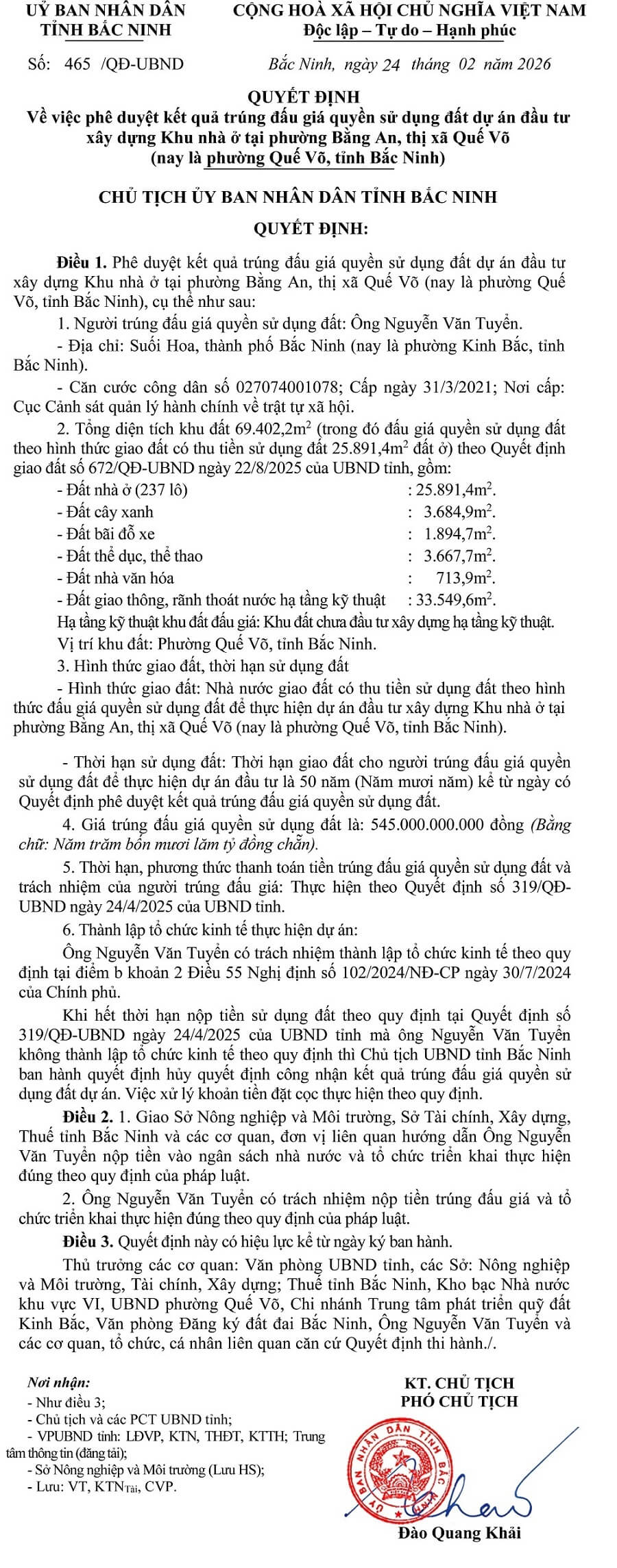Phê duyệt kết quả trúng đấu giá Khu nhà ở Bằng An tại phường Quế Võ