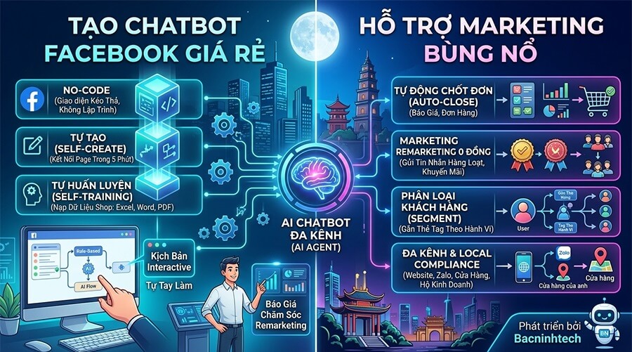 Với bacninhtech chúng ta có thể tự tạo Chatbot Facebook với mức giá thấp