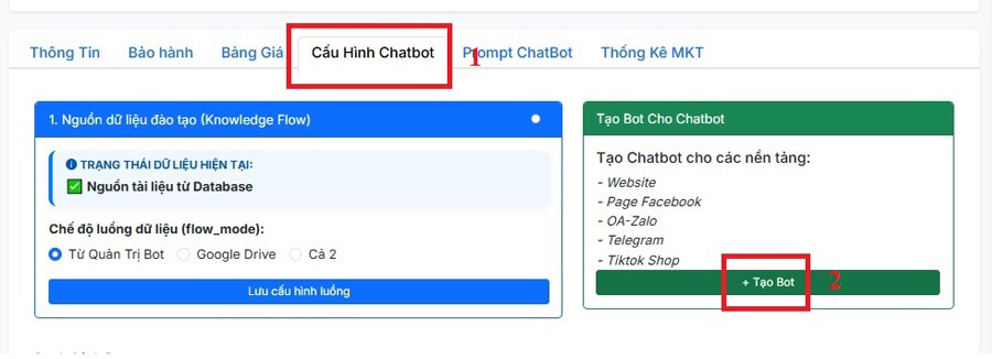 Ở giao diện trang chủ chỉ cần ấn vào nút +Tạo Bot sẽ có một giao diện hiện ra