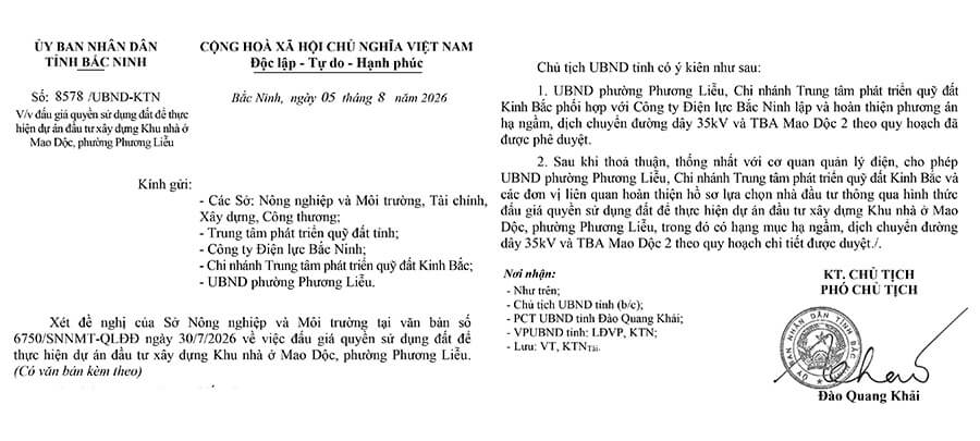 Bắc Ninh cho phép lập hồ sơ đấu giá Dự án Nhà ở Mao Dộc