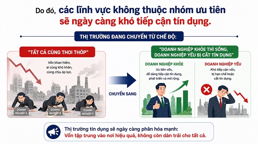 Nhiều lĩnh vực không được ưu tiên sẽ khó tiếp cận vốn hoặc tăng lãi suất