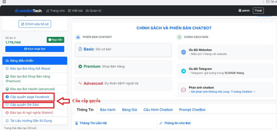 Muốn tạo Bot cho nền tảng nào chỉ cần click cấp quyền cho nền tảng đó là hệ thống tự động tạo chatbot trên nền tảng của chúng tôi