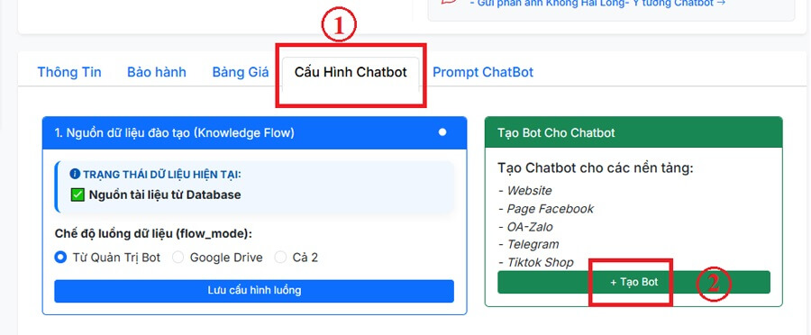 Chỉ cần ấn vào Tạo Bot là hệ thống sẽ có một khung giao diện để nhập các thông số
