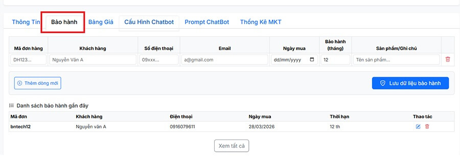 Điền thông tin bảo hành, Chatbot AI sẽ tự động kiểm tra xem khách hàng còn bảo hành không