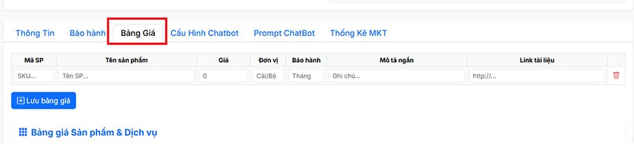 Nhập bảng giá, Chatbot sẽ check giá từng mã từ đó tự động trả lời khách hàng