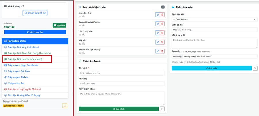 Khung giao diện đào tạo chatbot khám bệnh đơn giản