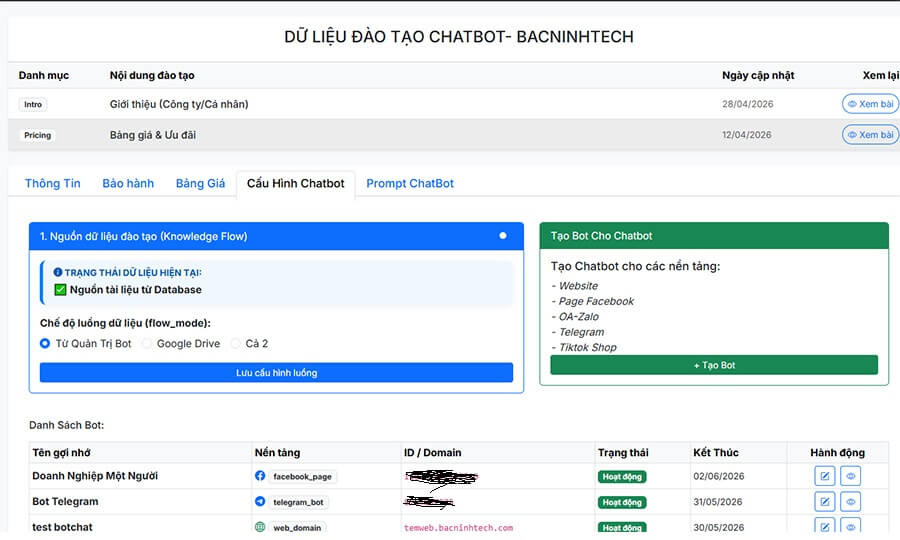 Vào trang quản trị bacninhtech để tạo chatbot cho OA-Zalo