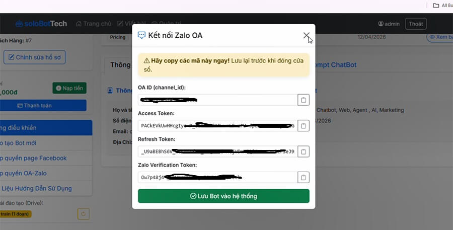 Chỉ cần ấn nút Lưu Bot vào Hệ thống là anh chị đã tạo thành công bot cho OA-Zalo