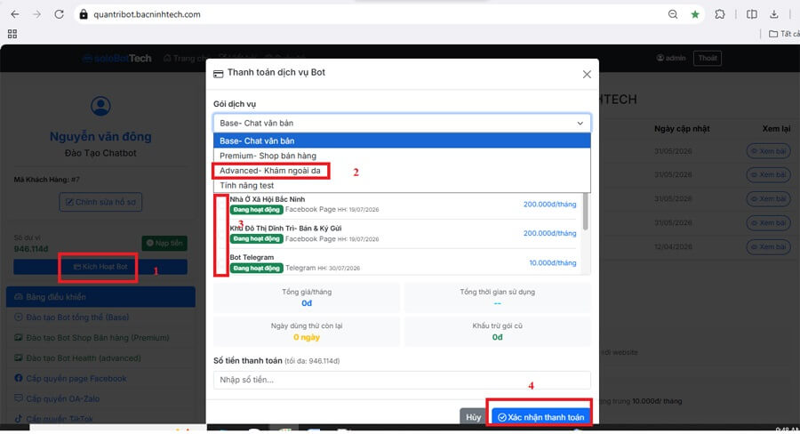 Trước tiên cần chuyển chatbot sang phiên bản khám bệnh
