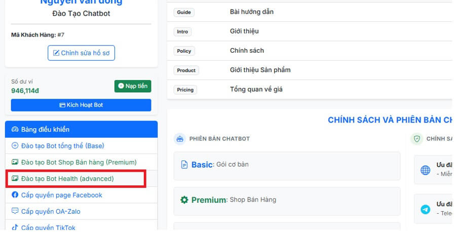 Click vào Đào tạo Bot Health (advanced) để đào tạo bot khám bệnh