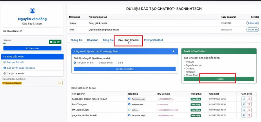 Click vào tab Cấu hình Chatbot rồi án Tạo bot