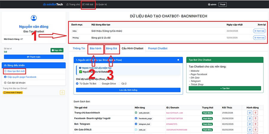 Có 2 vị trí để viết bài đào tạo chatbot