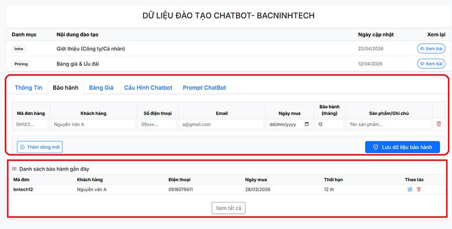 Bảo hành chúng ta nhập dữ liệu ngay tại trang chủ
