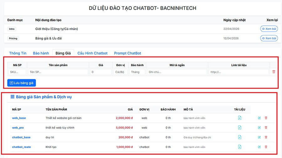Phần bản giá có cấu trúc tương tự phần bảo hành để đào tạo Chatbot