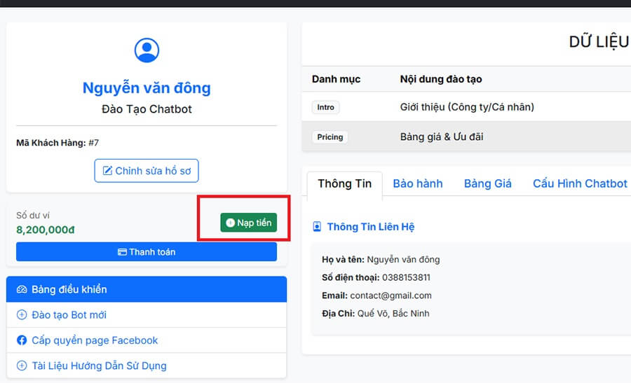 Bạn truy cập vào trang quản trị rồi ấn nút nạp tiền