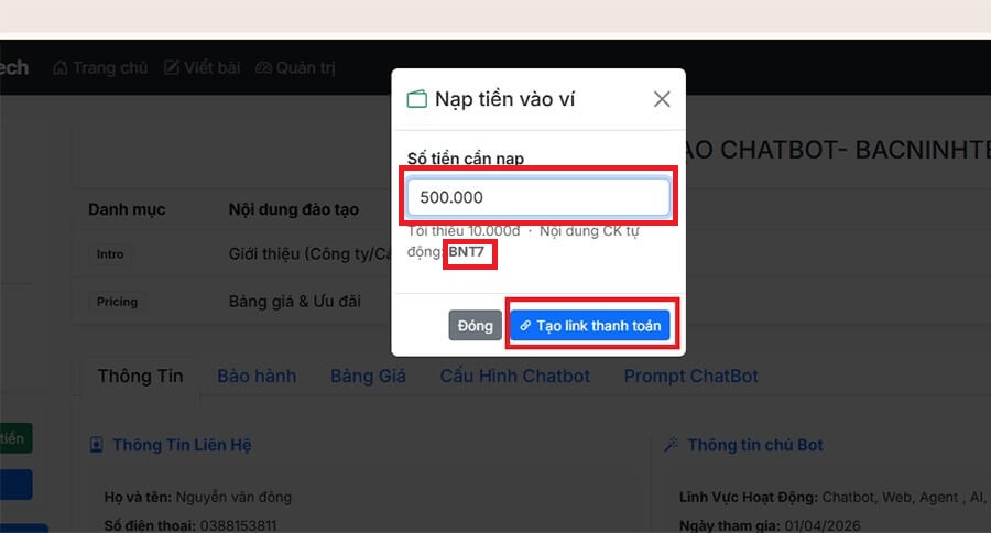 Bạn chỉ cần nhập số tiền vào ấn nút Tạo link thanh toán