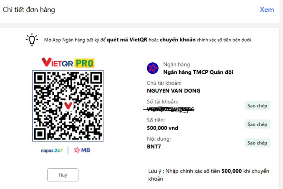 Anh Chị chỉ cần quét mã QR, chuyển khoản là nạp tiền thành công