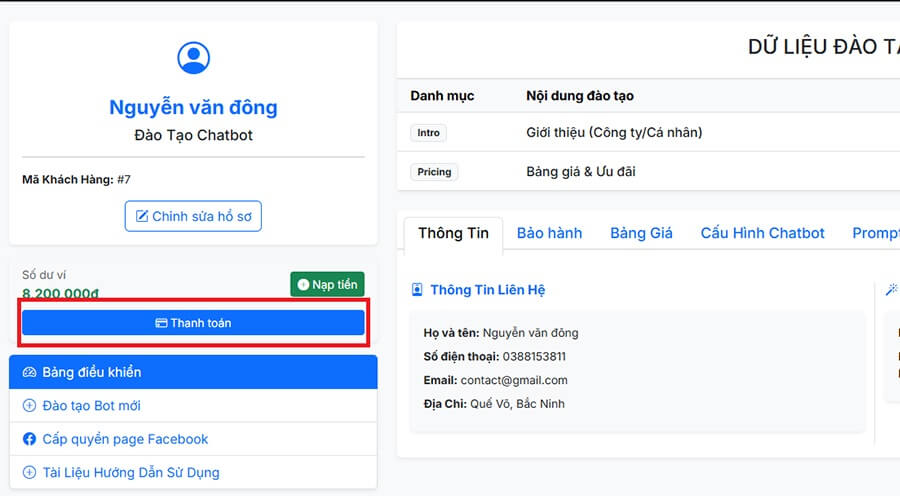 Để kích hoạt bot, anh chị ấn vào nút Thanh toán