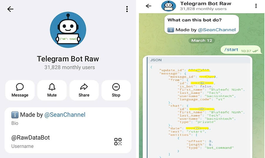 Chỉ cần nhắn tin cho RawDataBot là sẽ có ngày id telegram của bạn