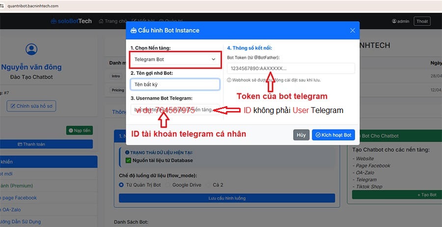 Lưu ý chọn ID cá nhân và dãy token của Telegram