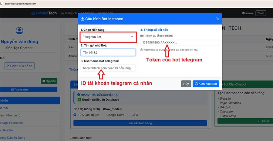 Lưu ý chọn ID cá nhân và dãy token của Telegram