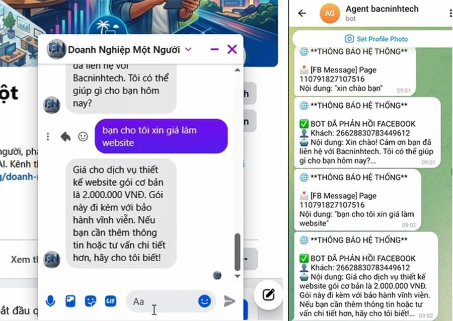 Cả câu hỏi và câu trả lời trên page facebook của chatbot đều được bot telegram gửi về tài khoản telegram cá nhân