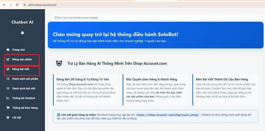 Ô đăng bài viết và sản phẩm để đào tạo chatbot AI cho bản shopaccount