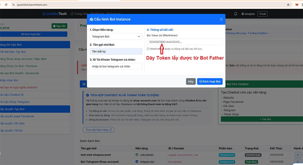 Nhập thông số để tạo Shop telegram từ dữ liệu chúng tôi cung cấp