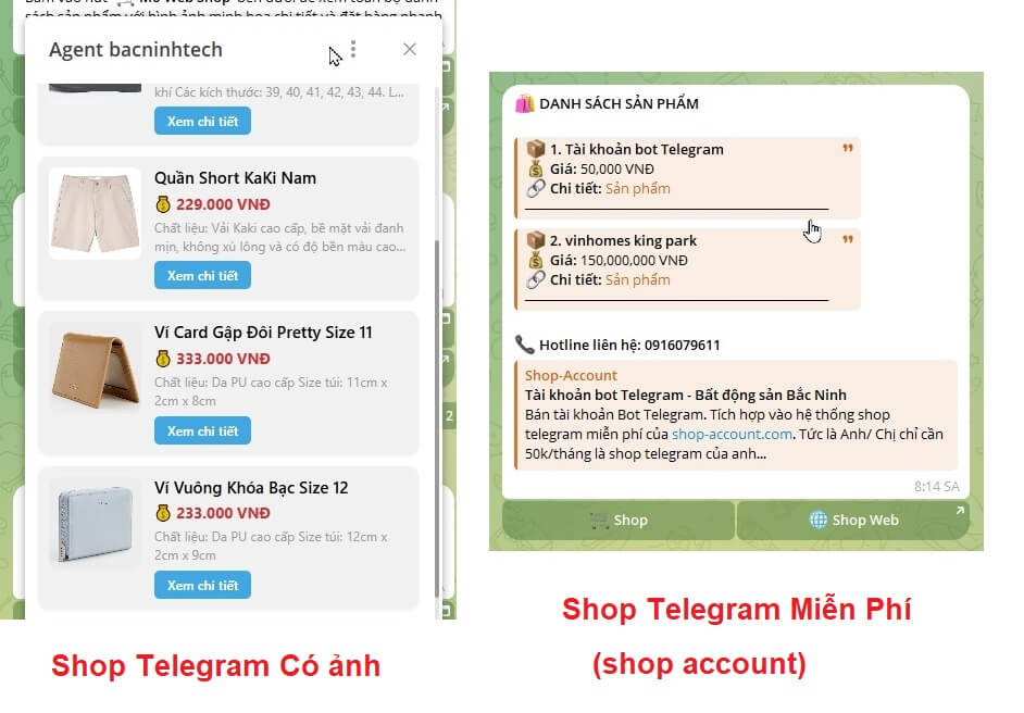 Giao diện Shop Telegram bản miễn phí và bản có ảnh (Premium)